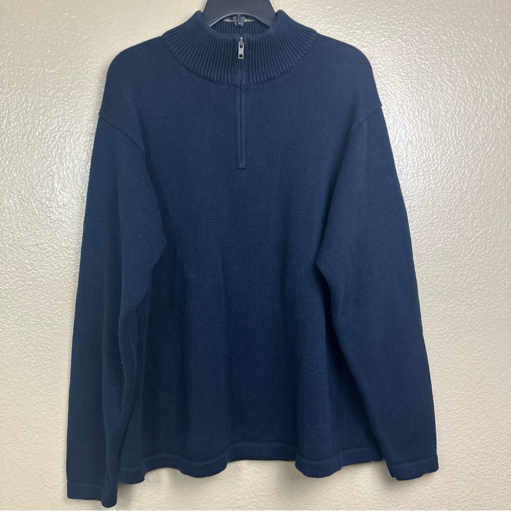 LL‎ Bean 1/4 Zip Pullover Sweater Mens Large Blue Cotton Long Sleeve Mock Neck